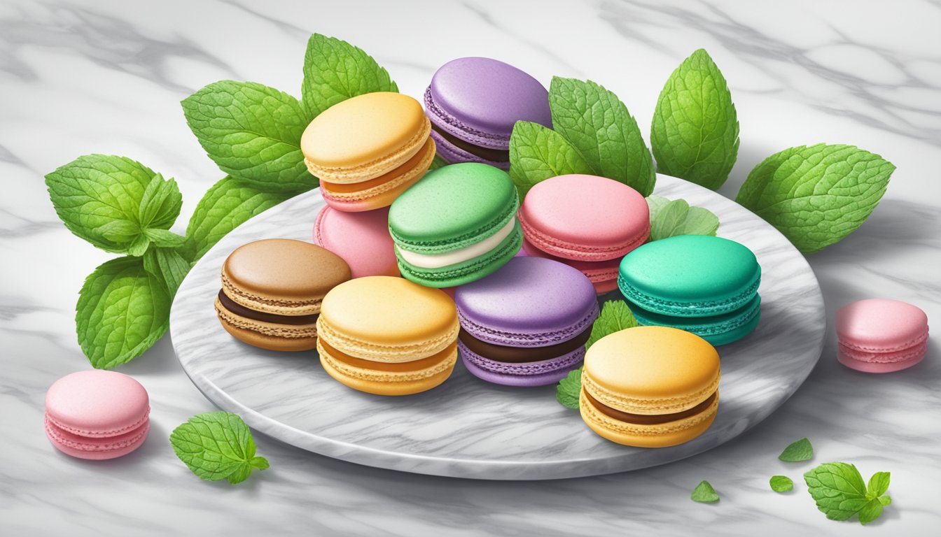 A plate of colorful macarons arranged on a marble countertop, with a delicate dusting of powdered sugar and a sprig of fresh mint for garnish