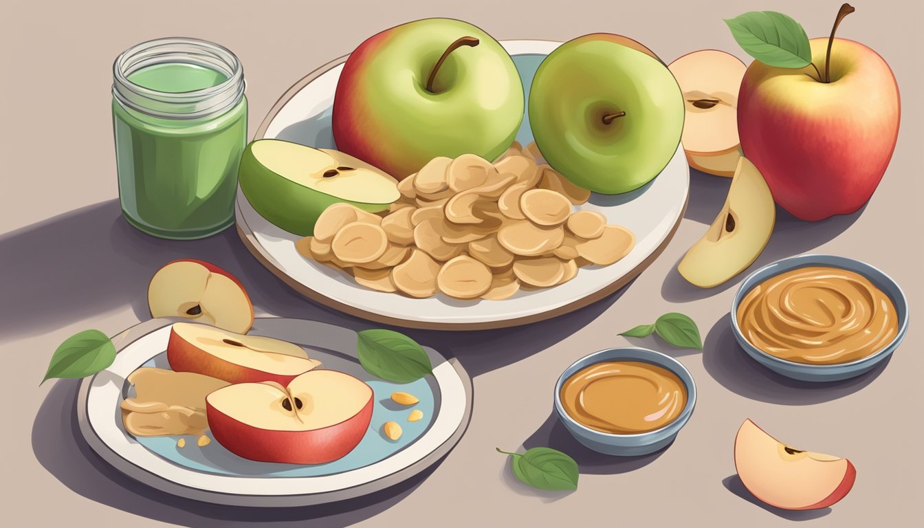 A plate of apple slices with a dollop of peanut butter, surrounded by other healthy snack options