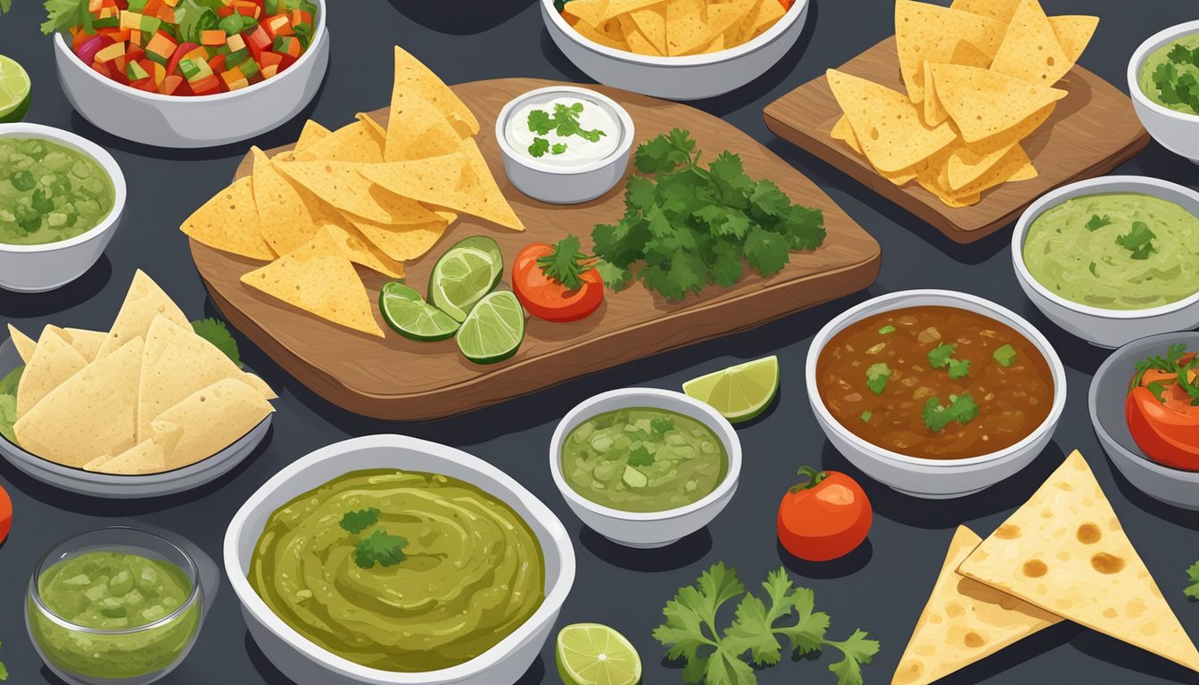 A table with a variety of colorful bowls filled with chunky salsa verde and various dipping options, surrounded by fresh vegetables and tortilla chips