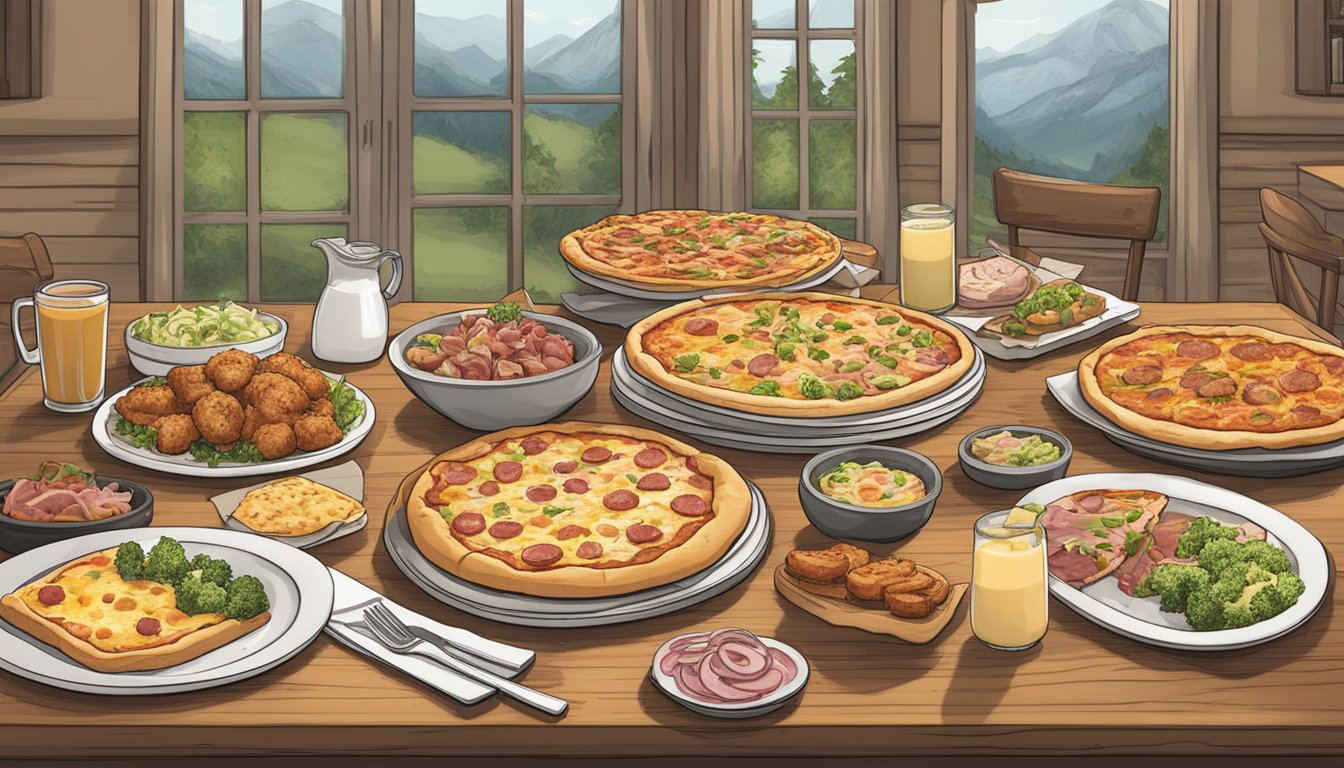 A table set with a chicken cordon bleu ranch pizza and various faux-meat options for exploration