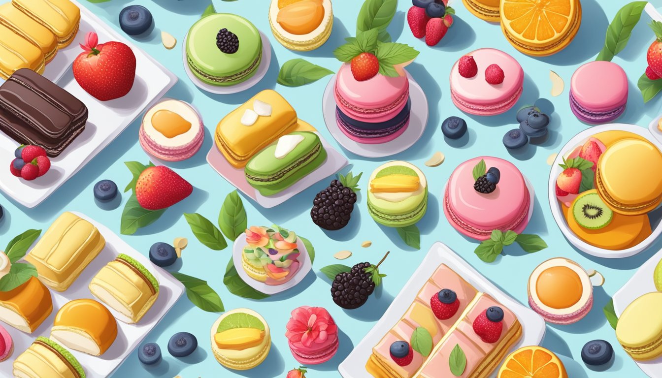 A table set with an assortment of colorful vegan desserts, including vegan macarons, surrounded by vibrant fruits and flowers