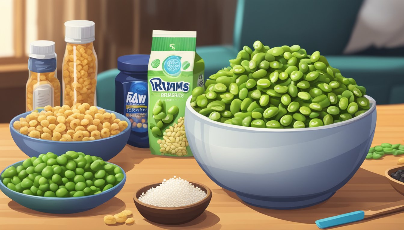 A bowl of edamame sprinkled with sea salt sits on a gaming table surrounded by other diabetic-friendly snacks