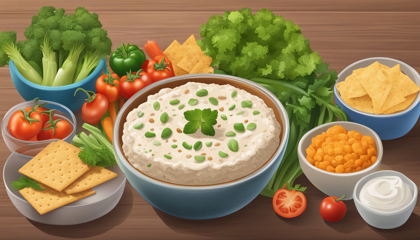 A table with seven colorful bowls of dip surrounded by fresh vegetables and whole grain crackers