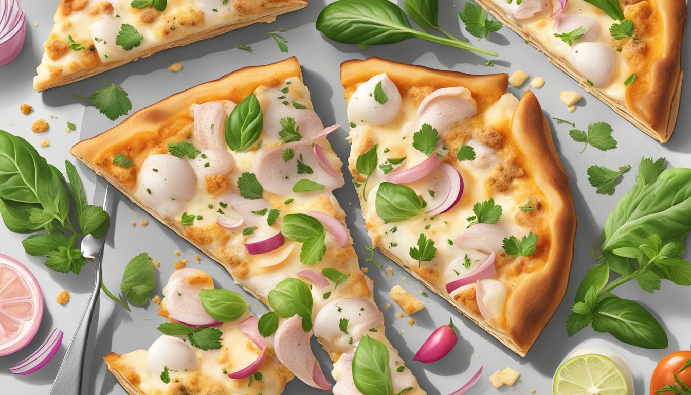 A slice of chicken cordon bleu ranch pizza with vegan seasonings and coatings, surrounded by fresh herbs and spices