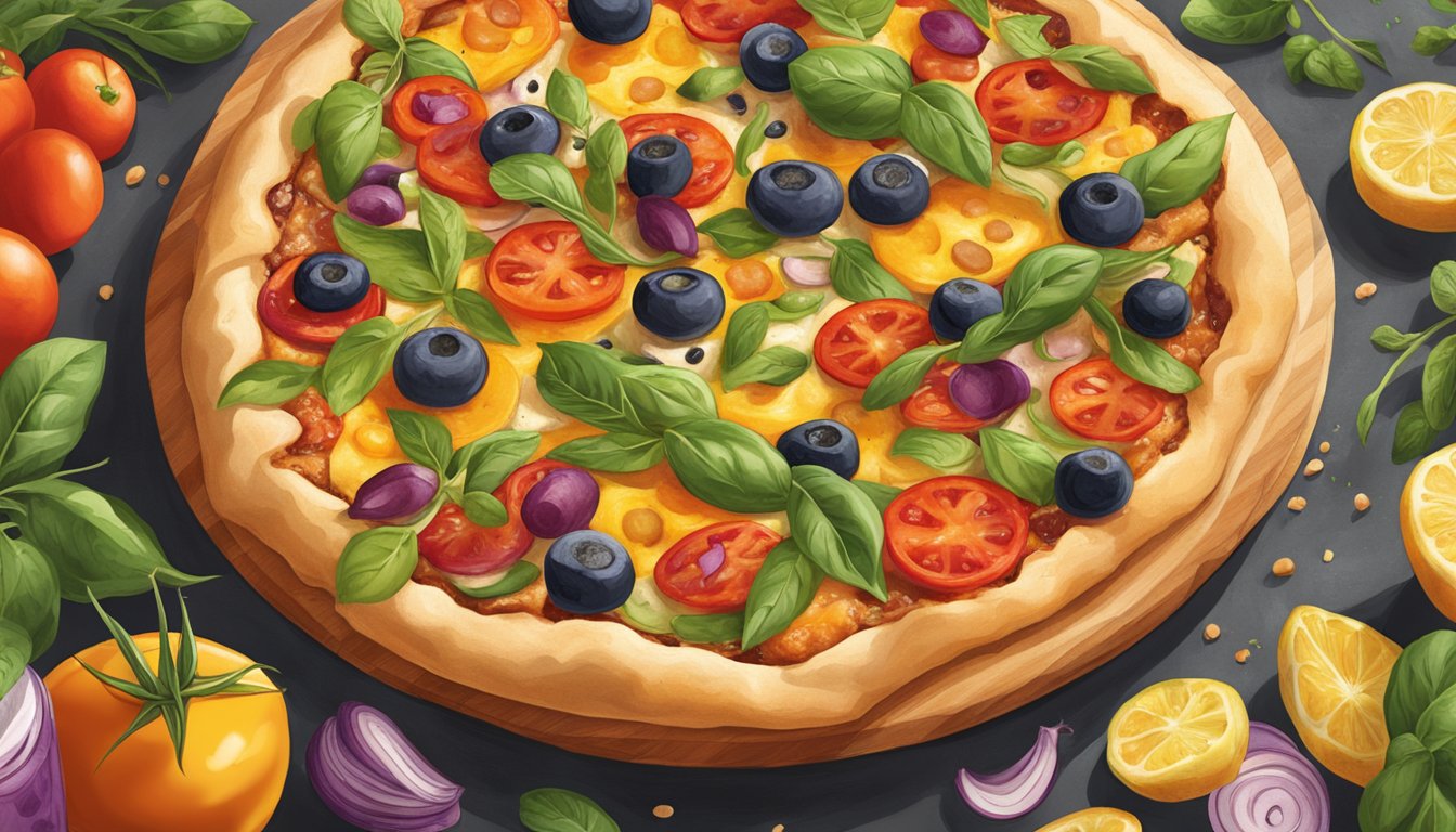 A freshly baked focaccia pizza topped with vibrant vegan flavor enhancers and garnishes