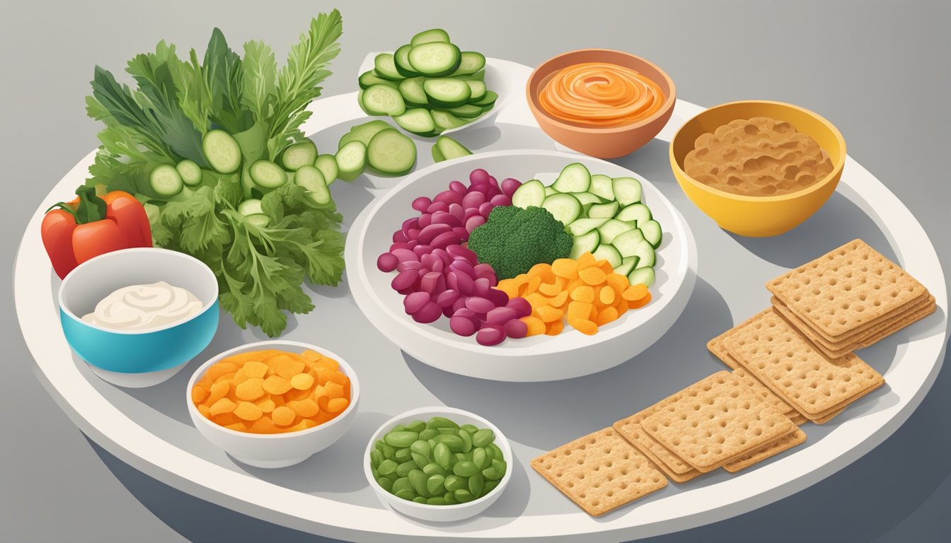 A table set with colorful bowls of low-sugar dips surrounded by fresh vegetables and whole grain crackers