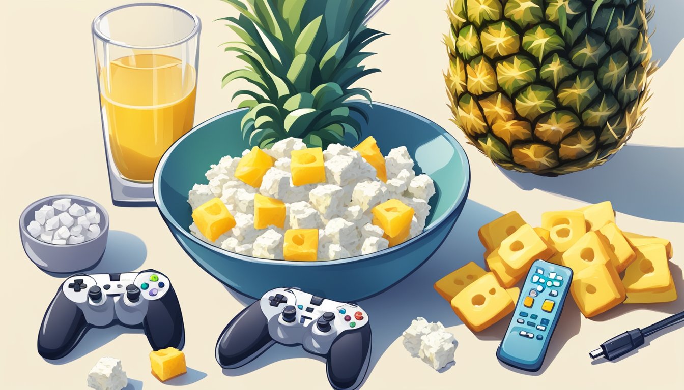 A bowl of cottage cheese topped with pineapple chunks sits next to a gaming controller, surrounded by other diabetic-friendly snacks