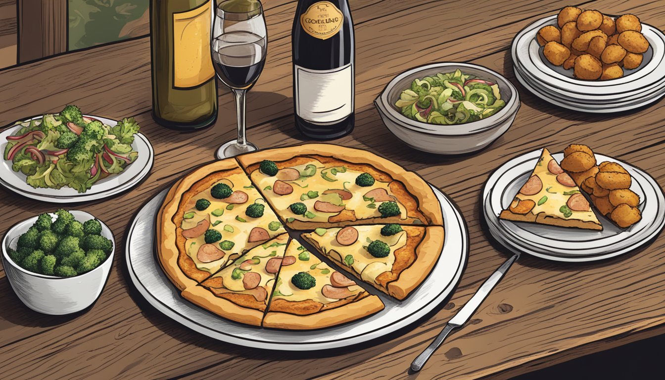 A rustic wooden table with a sliced chicken cordon bleu ranch pizza next to a variety of vegan side dishes and a bottle of wine