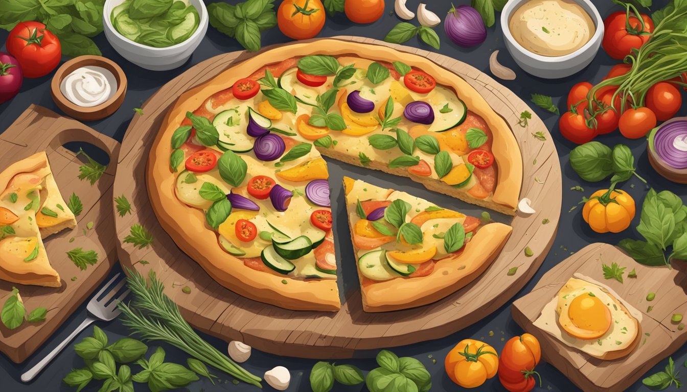 A rustic table with a freshly baked focaccia pizza topped with colorful, vibrant vegetables, surrounded by a variety of herbs and spices