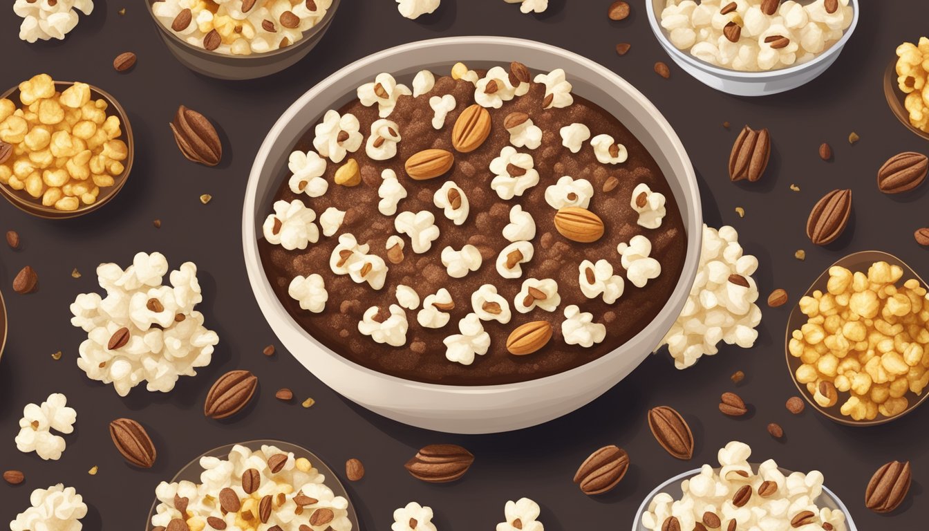 A bowl of air-popped popcorn topped with cocoa powder, cinnamon, and crushed nuts