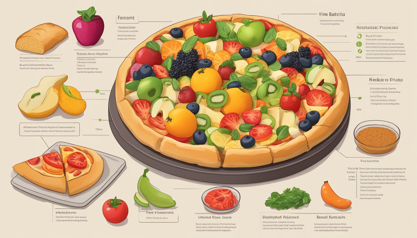 A freshly baked focaccia pizza surrounded by various fruits, vegetables, and nutritional information labels