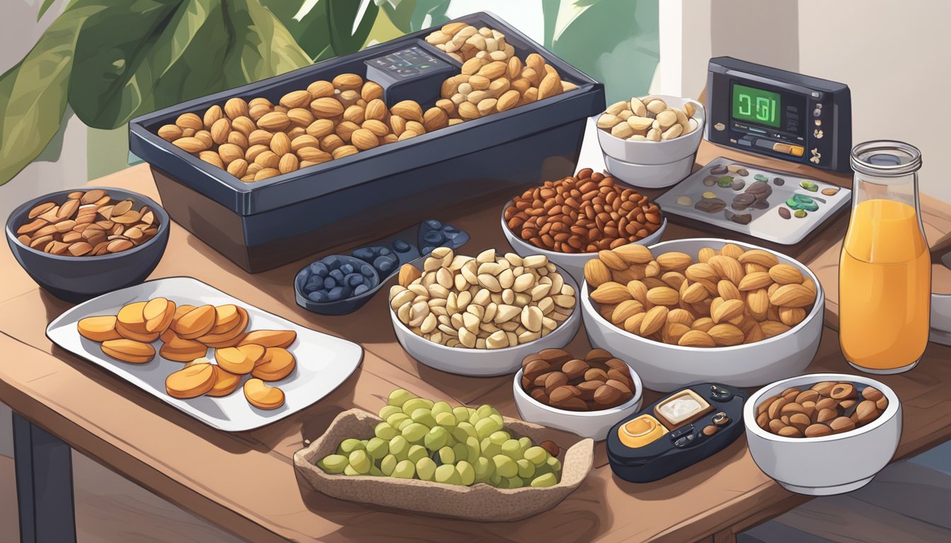 A gaming setup with a variety of diabetic-friendly snacks arranged on a table, including nuts, fruit, and low-carb protein bars