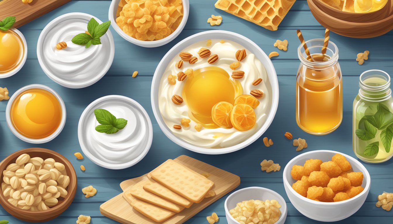 A bowl of Greek yogurt drizzled with honey surrounded by various healthy snack options on a wooden table