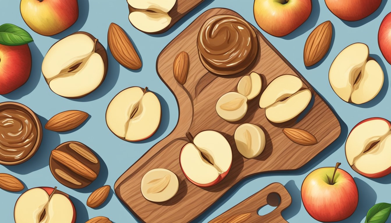 Apple slices topped with almond butter on a wooden cutting board, surrounded by other healthy snack options