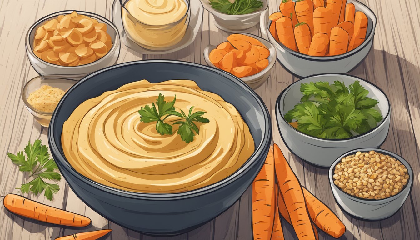 A bowl of hummus surrounded by carrot sticks and other healthy snacks on a wooden table