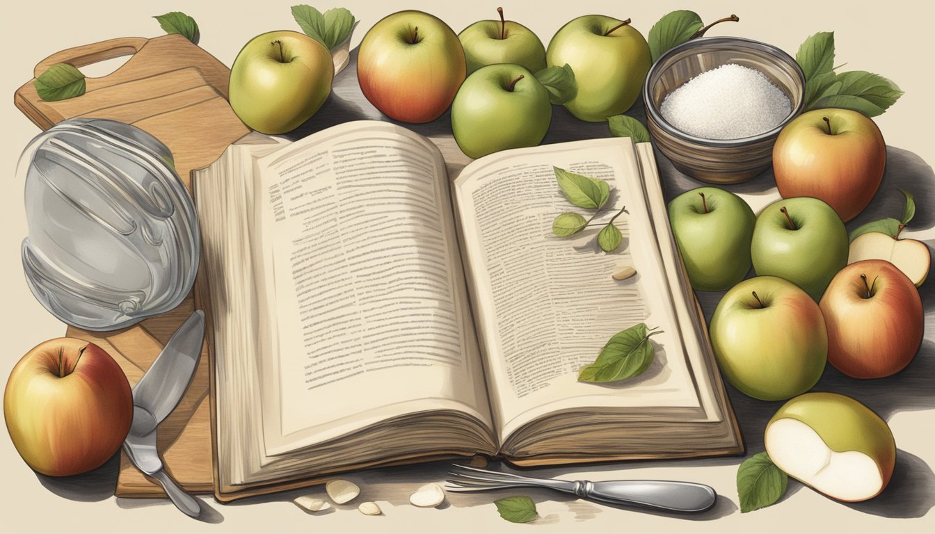 A vintage kitchen with ingredients like apples, sugar, and pastry, along with a recipe book open to the page on Marlborough Pie