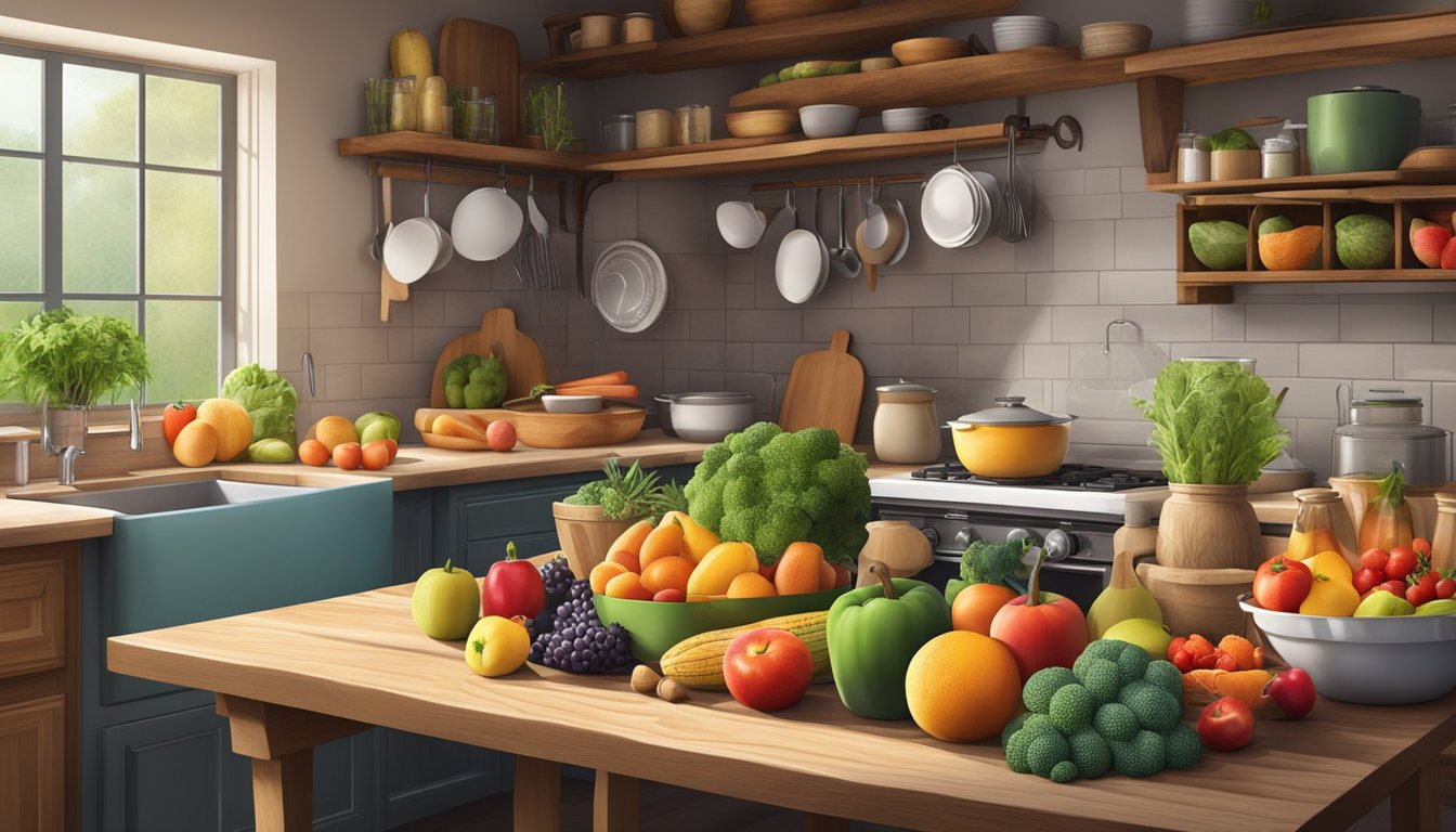 A rustic kitchen with a colorful array of fresh fruits and vegetables, alongside various baking ingredients and utensils