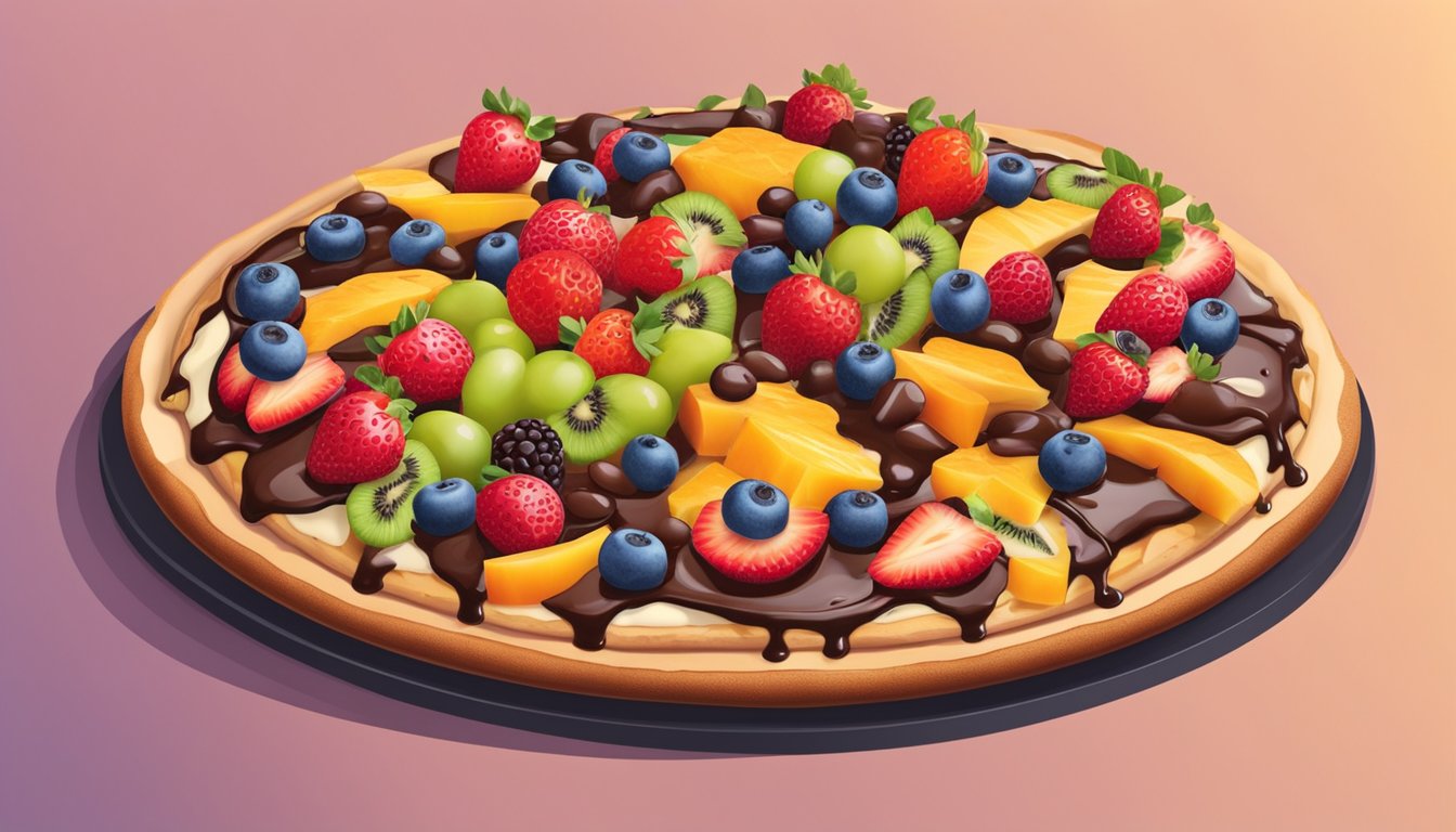 A dessert pizza topped with an array of colorful fruits and drizzled with vegan chocolate sauce