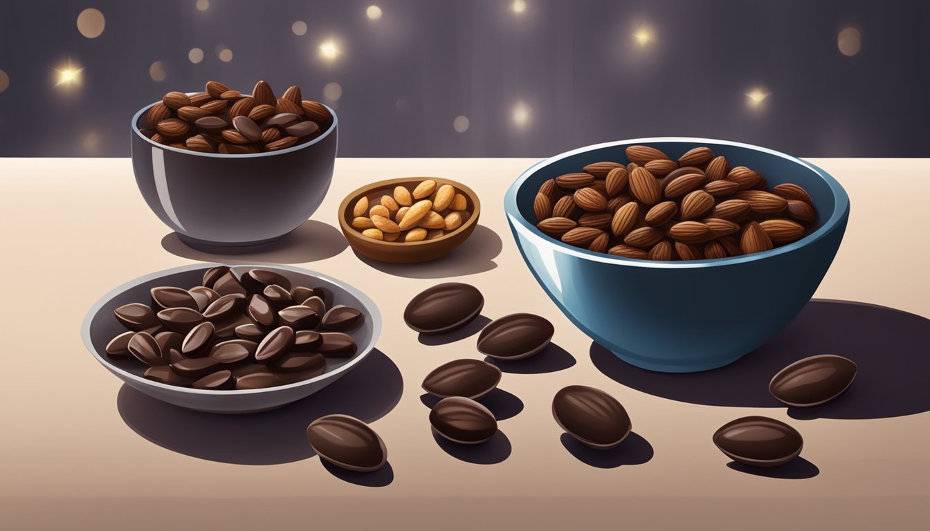 A bowl of dark chocolate almonds surrounded by other healthy snack options on a table, with a dimly lit room in the background