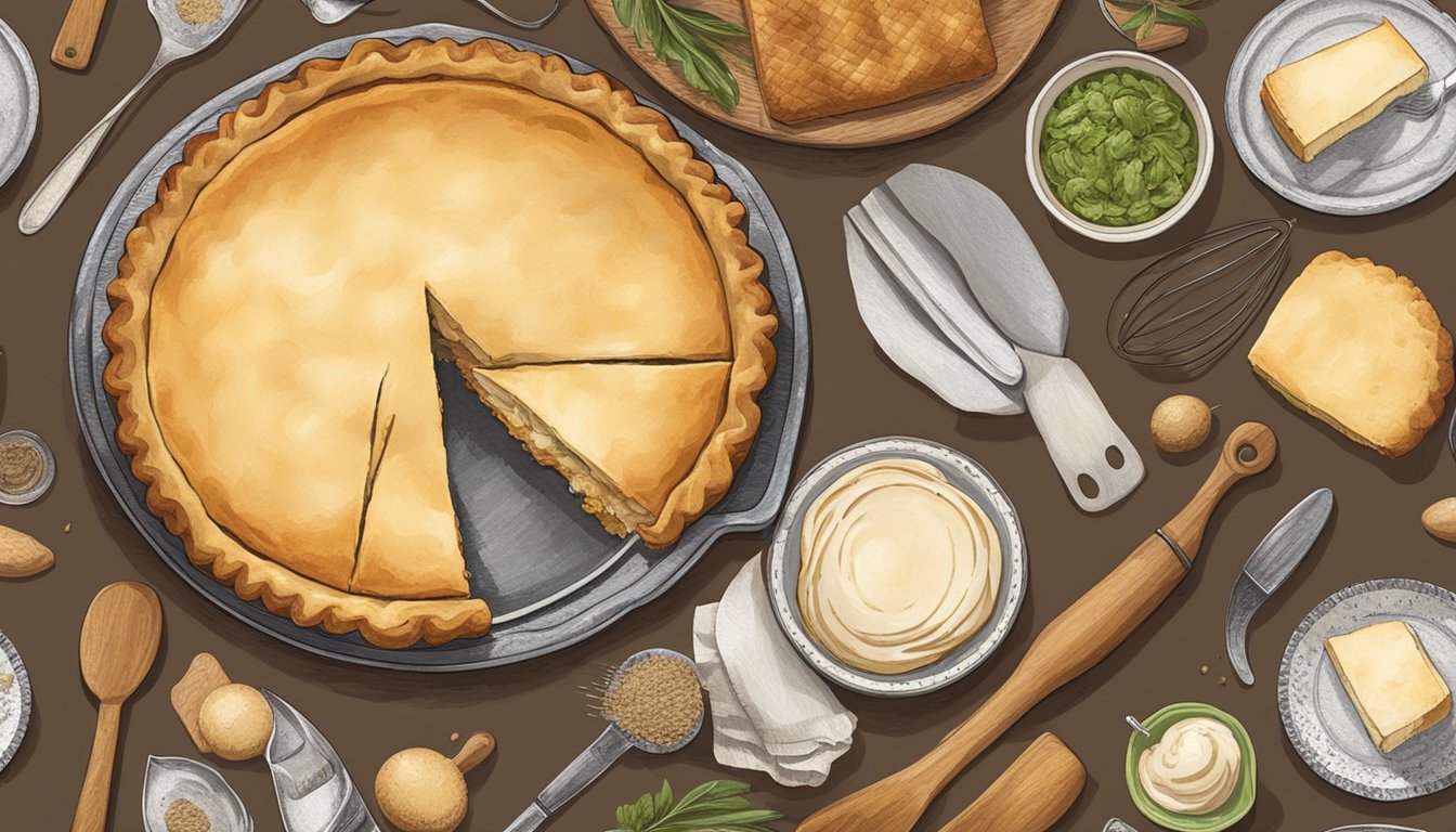 A rustic kitchen table with a freshly baked Marlborough pie surrounded by vintage baking utensils and ingredients