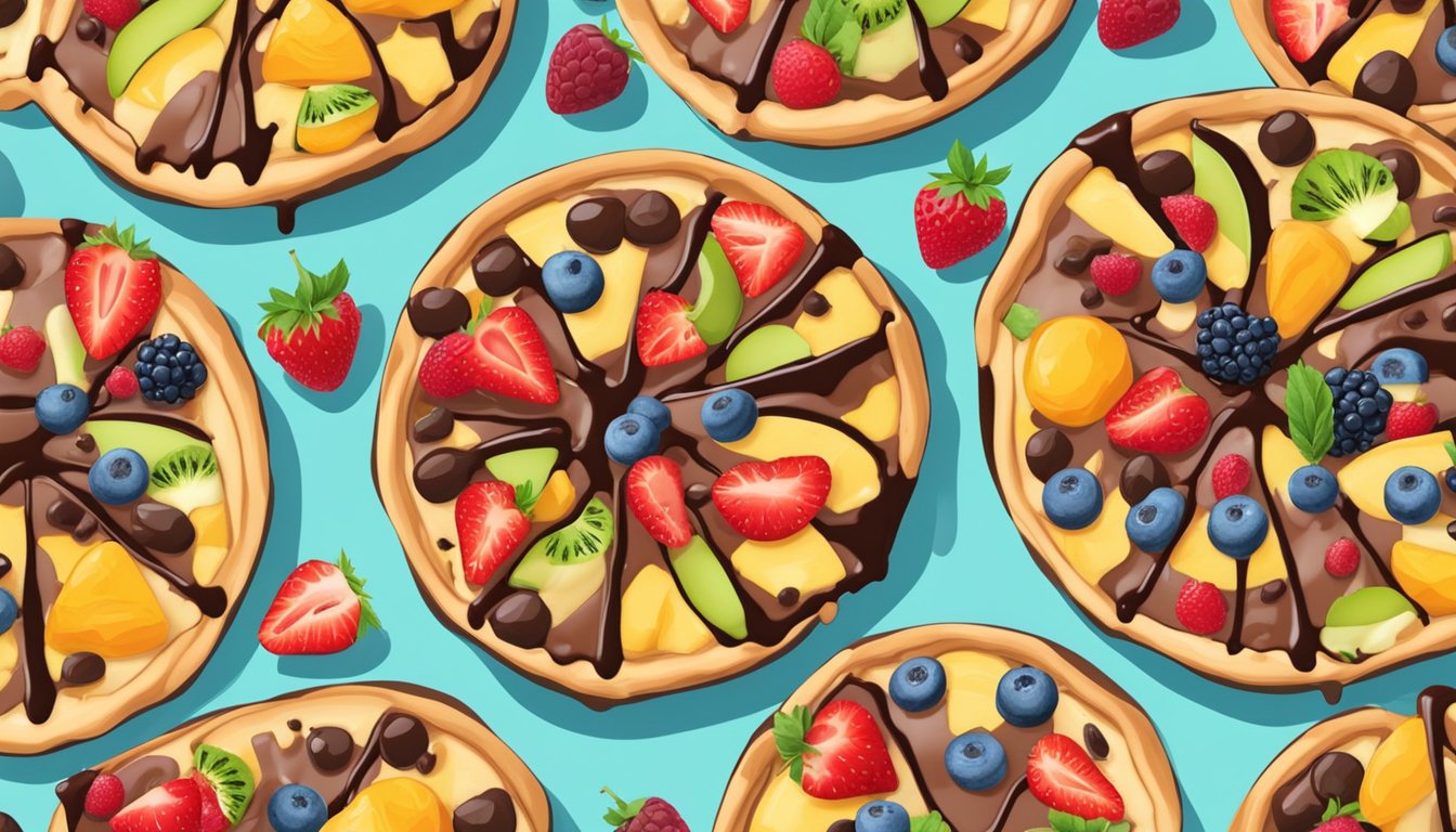 A colorful dessert pizza surrounded by fresh fruit and drizzled with vegan chocolate sauce