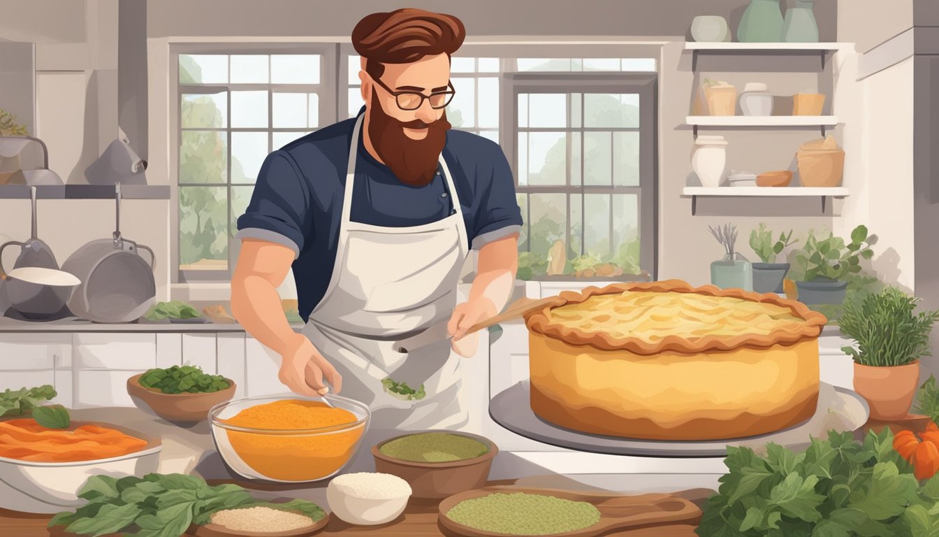 A baker carefully mixes plant-based ingredients, creating a vegan version of Marlborough Pie. The kitchen is filled with the aroma of spices and freshly baked crust