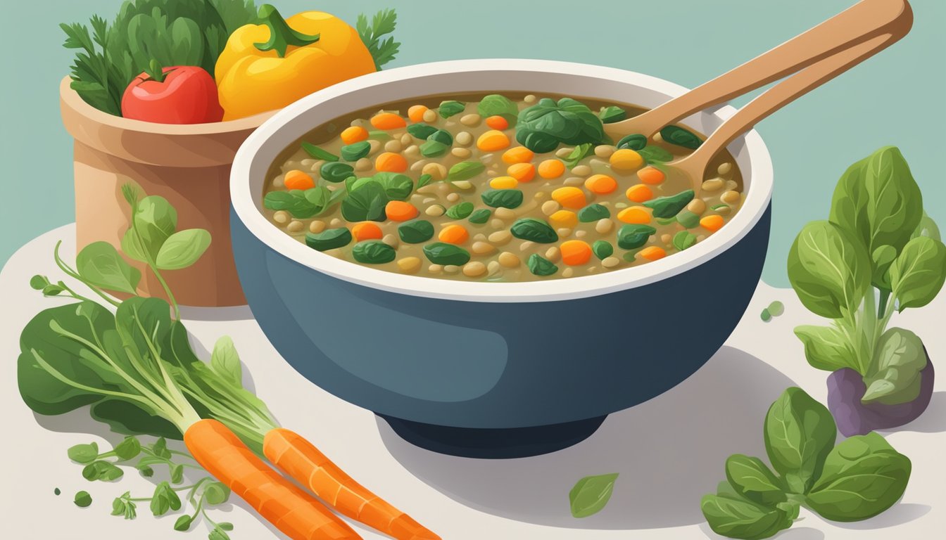 A steaming bowl of lentil and spinach soup surrounded by colorful vegetables and herbs, with a spoon resting on the side