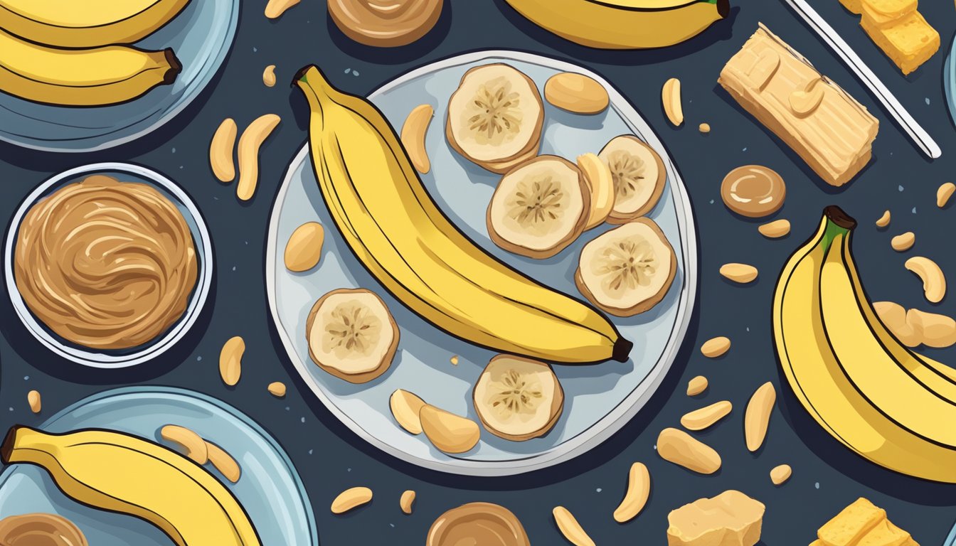 A banana sliced and spread with peanut butter on a plate, surrounded by other healthy snack options for late-night cravings