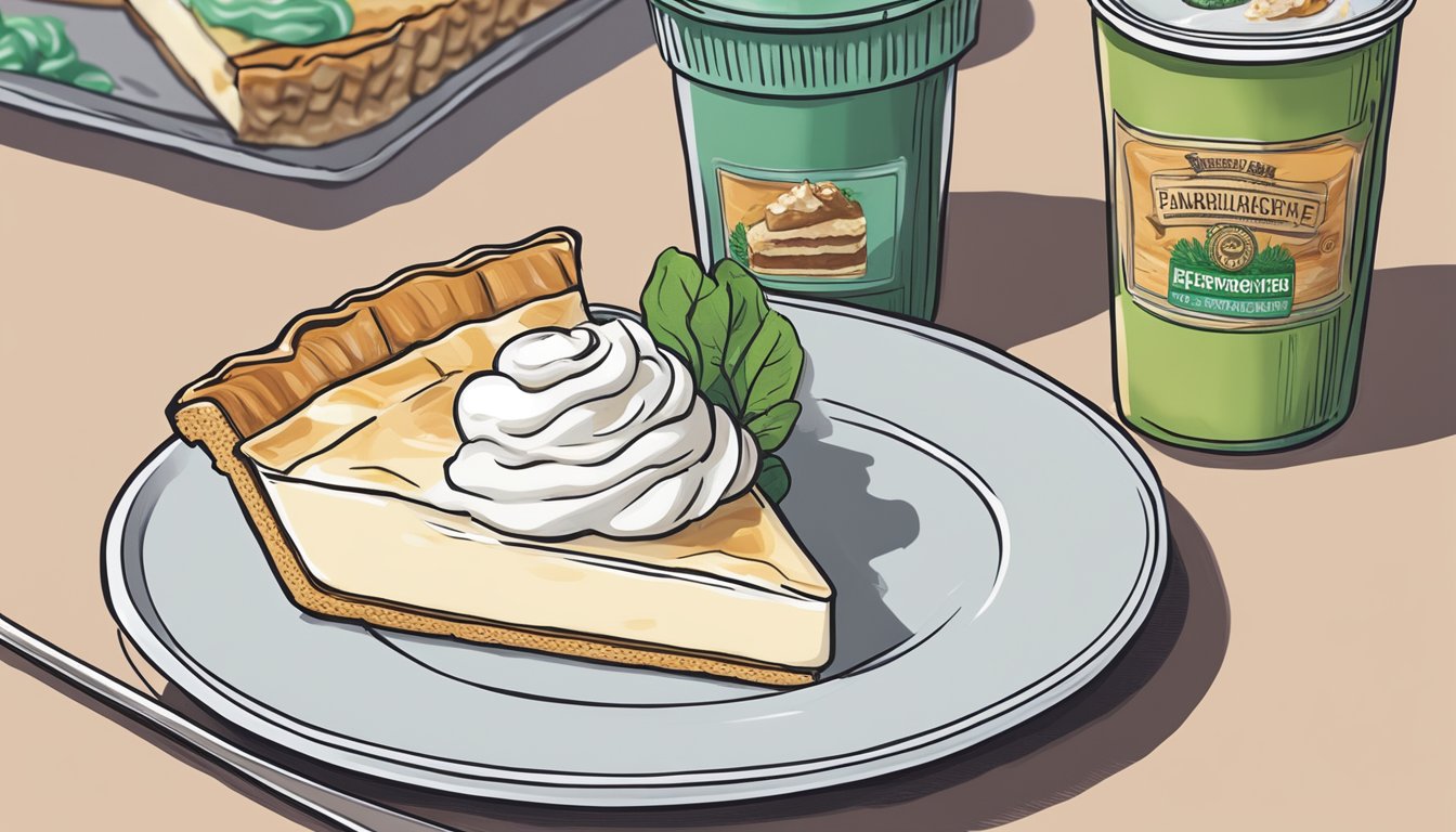 A slice of marlborough pie being served on a plate with a dollop of vegan whipped cream on top, next to a container of leftover pie in the refrigerator