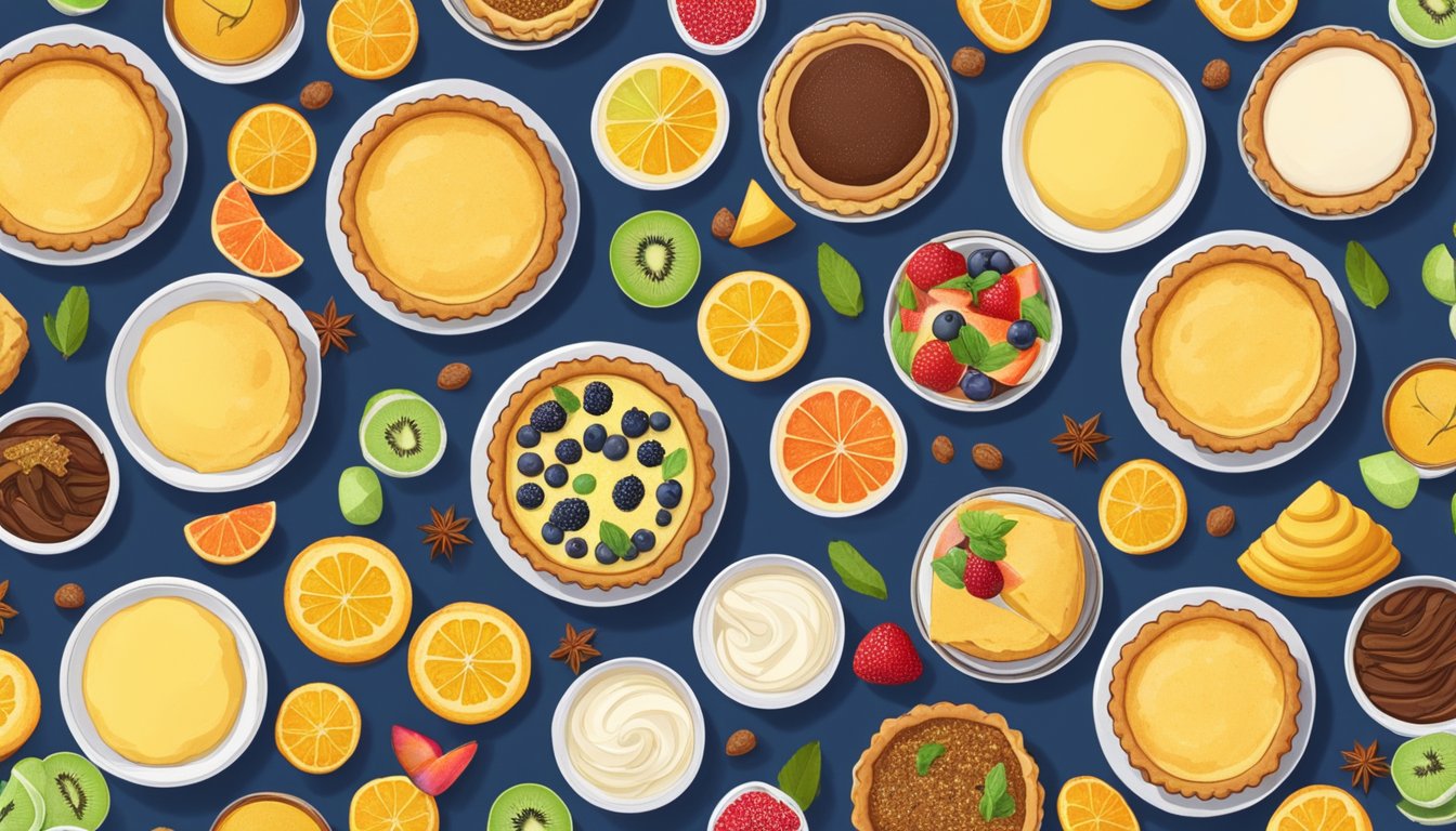 A table with a variety of custard pies, including vegan options, surrounded by colorful fruits and spices