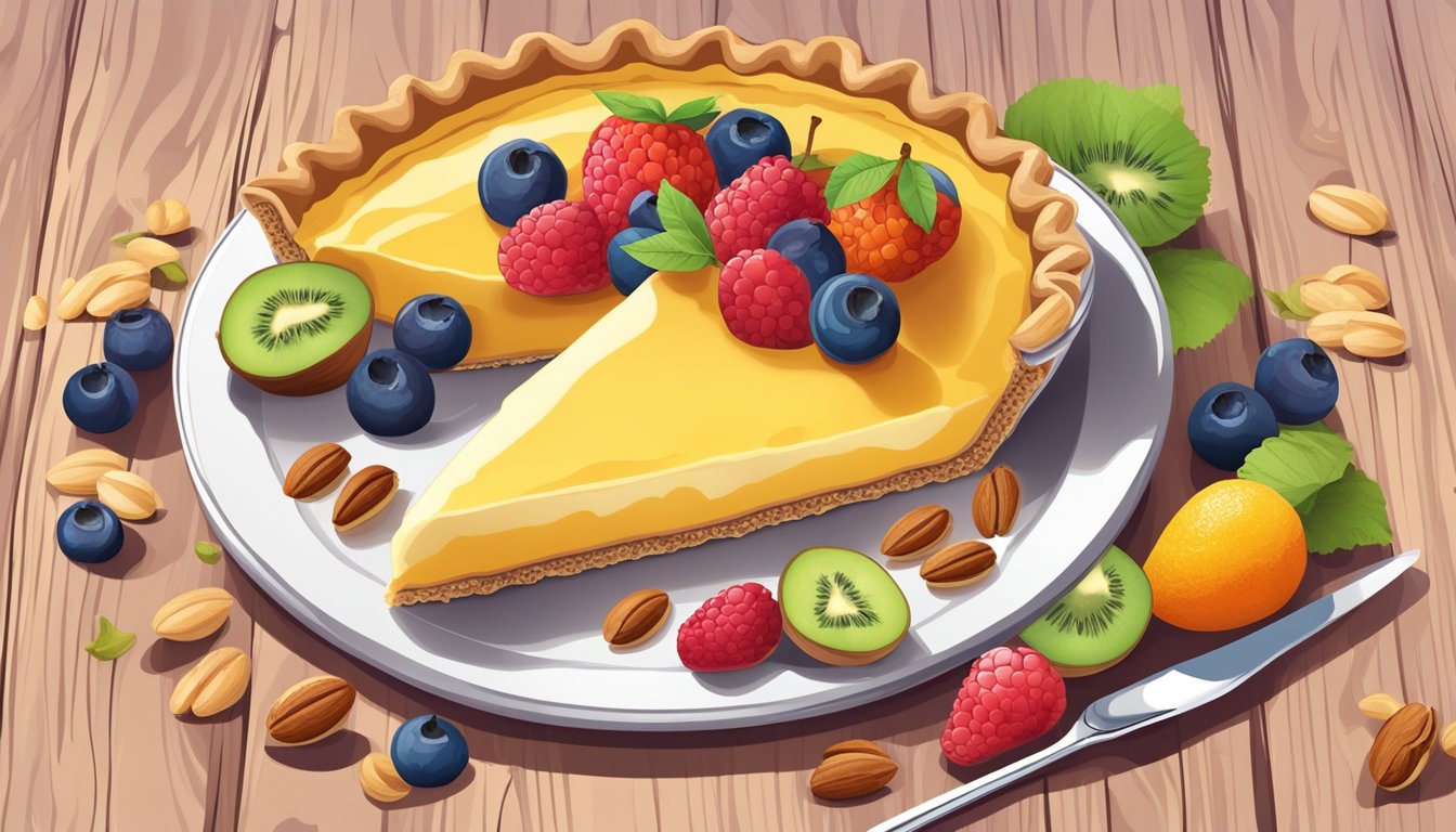 A slice of vegan custard pie surrounded by colorful fruits and nuts on a wooden table