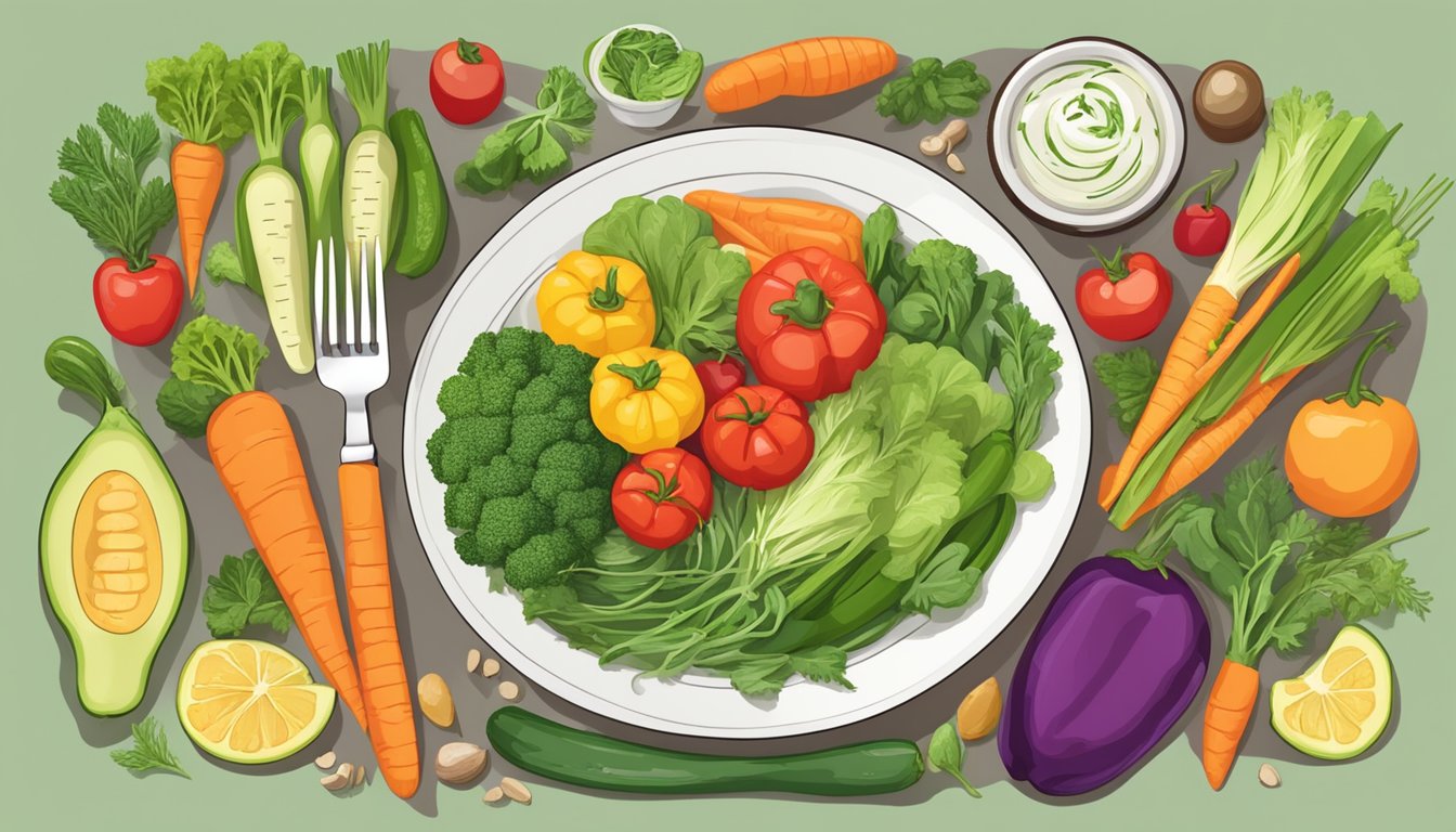 A colorful array of fresh vegetables arranged around a plate, showcasing the variety of carb-friendly options for diabetic-friendly meals