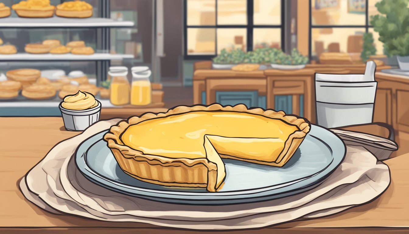 A table displays a homemade custard pie next to a store-bought vegan dessert. The pie is golden brown with a creamy filling, while the store-bought option is neatly packaged and labeled