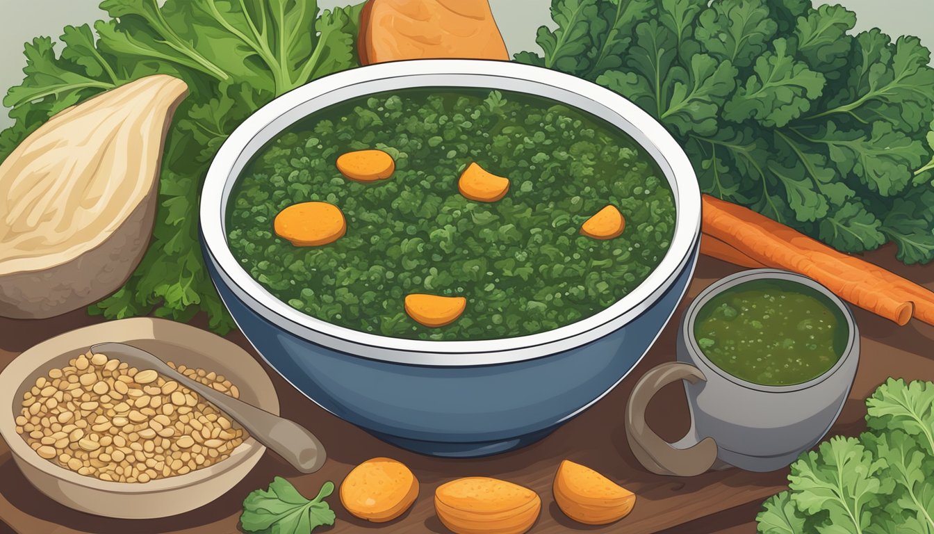 A steaming bowl of spicy kale and lentil soup surrounded by fresh kale leaves and lentils