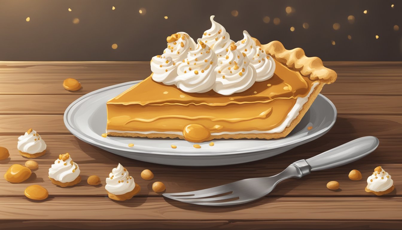 A golden butterscotch pie with a flaky crust sits on a rustic wooden table, surrounded by a dollop of whipped cream and a sprinkle of butterscotch chips