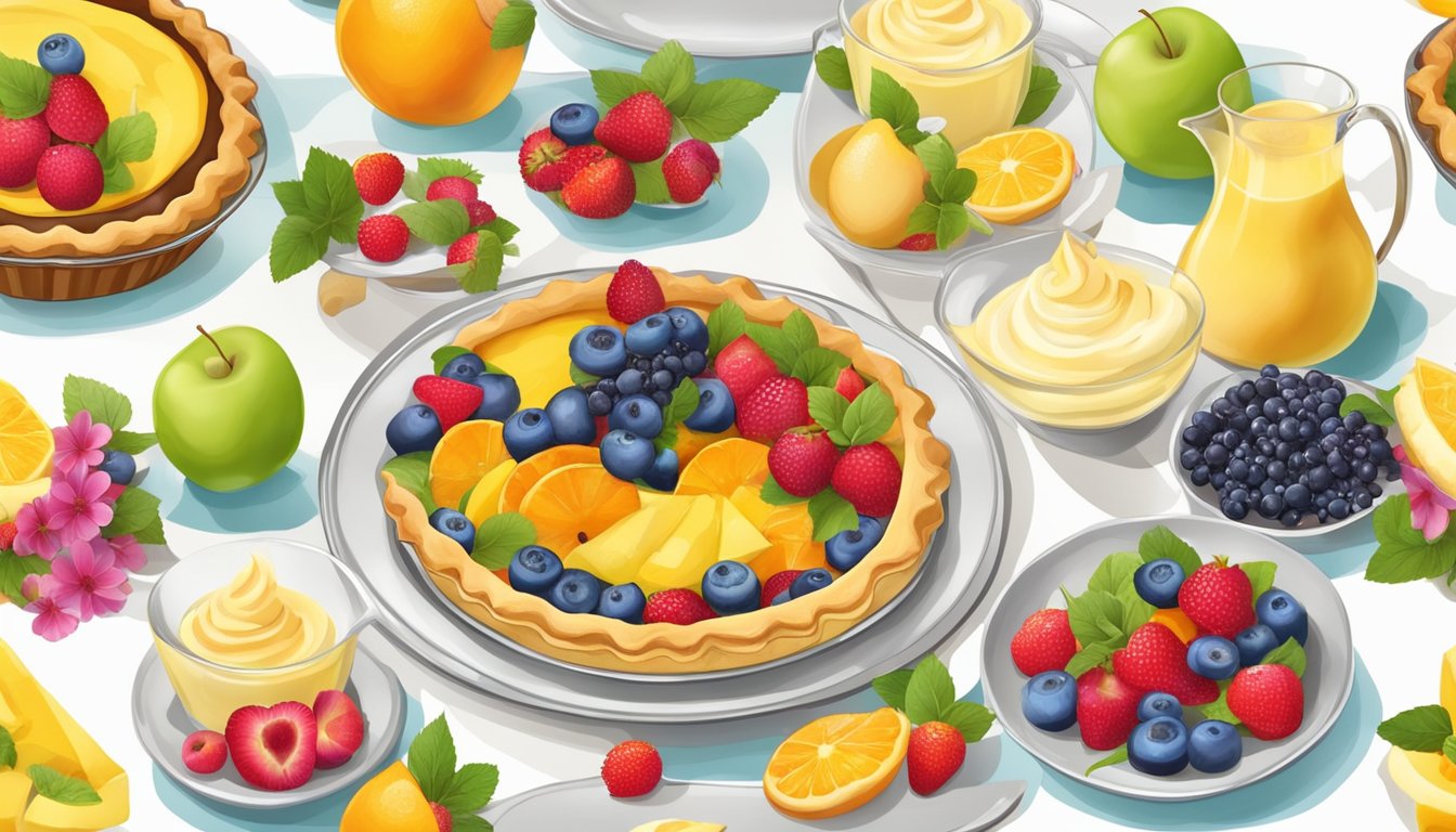 A table set with a colorful assortment of fresh fruits and flowers, with a custard pie as the centerpiece