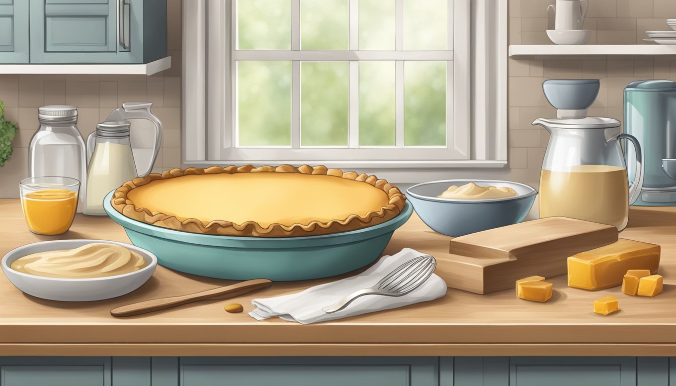 A kitchen counter with ingredients and utensils for making a vegan butterscotch pie