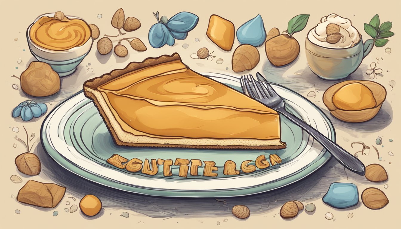 A slice of butterscotch pie with a "vegan" label surrounded by common allergen symbols