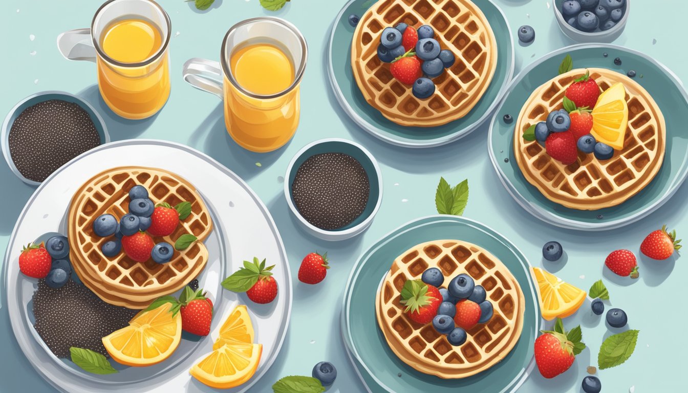 A table set with four plates of chia seed waffles, surrounded by fresh fruit and a pitcher of sugar-free syrup