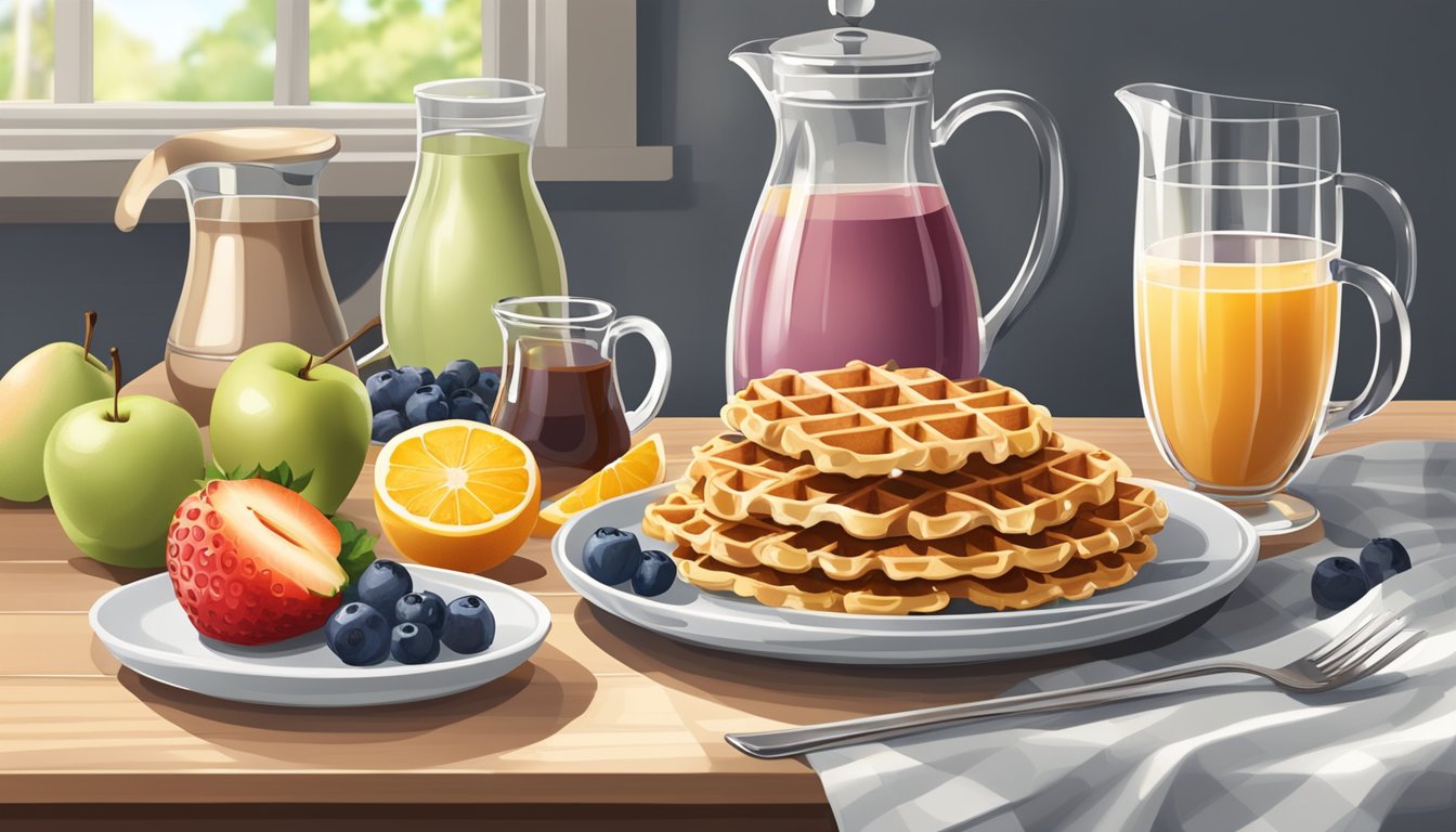 A table set with four plates of oatmeal waffles, surrounded by fresh fruit and a pitcher of sugar-free syrup