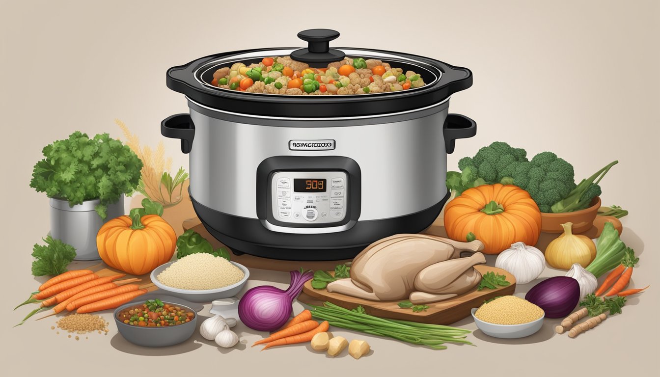 A slow cooker surrounded by ingredients like turkey, quinoa, and vegetables, with steam rising from the pot