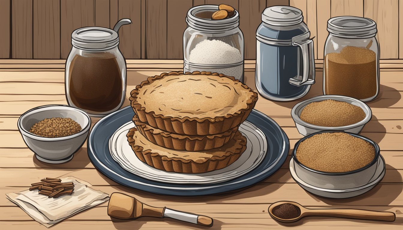 A rustic kitchen with a vintage recipe book open to a page on shoofly pie, surrounded by ingredients like molasses, flour, and spices