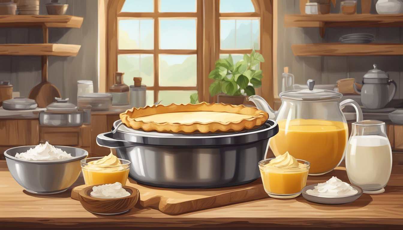 A rustic kitchen with a golden butterscotch pie cooling on a wooden table, surrounded by ingredients like coconut milk and vegan butter