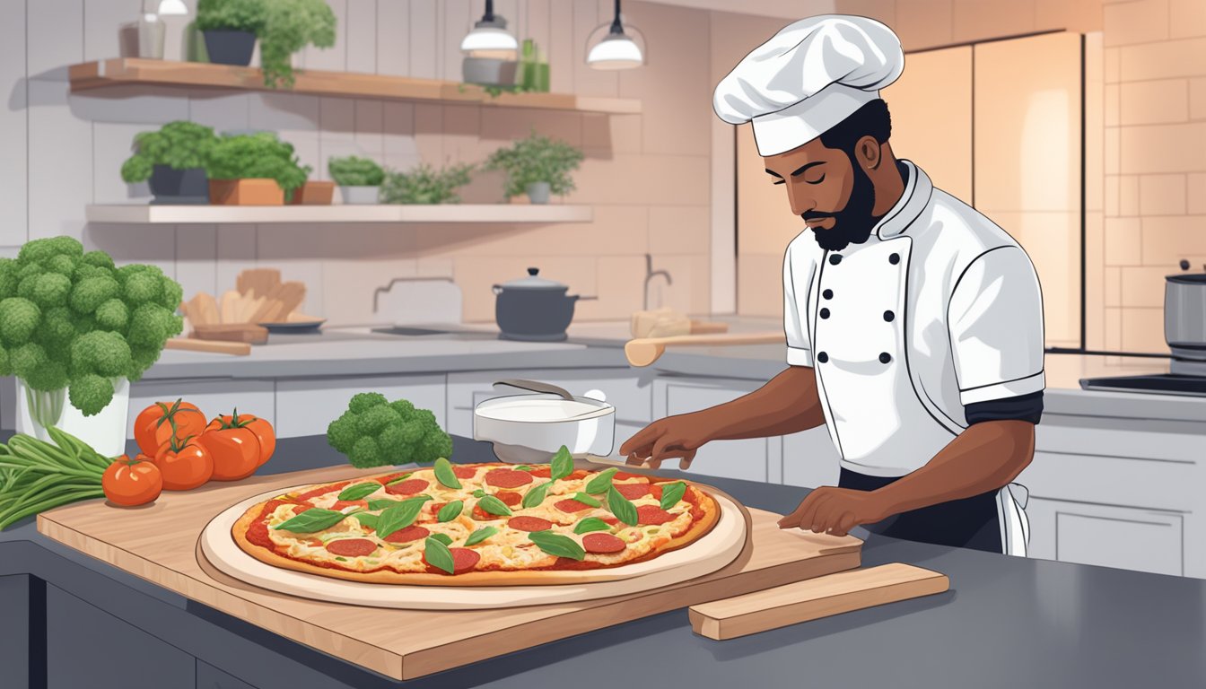 A vegan chef prepares a chicken parmesan ranch pizza with plant-based ingredients in a modern kitchen