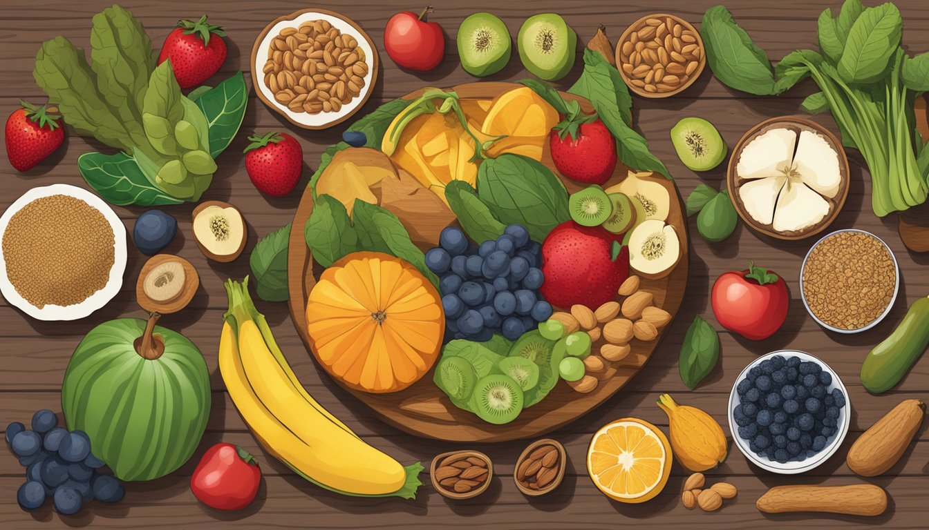 A colorful array of fresh fruits, vegetables, nuts, and seeds arranged on a wooden table, with a plant-based shoofly pie as the centerpiece