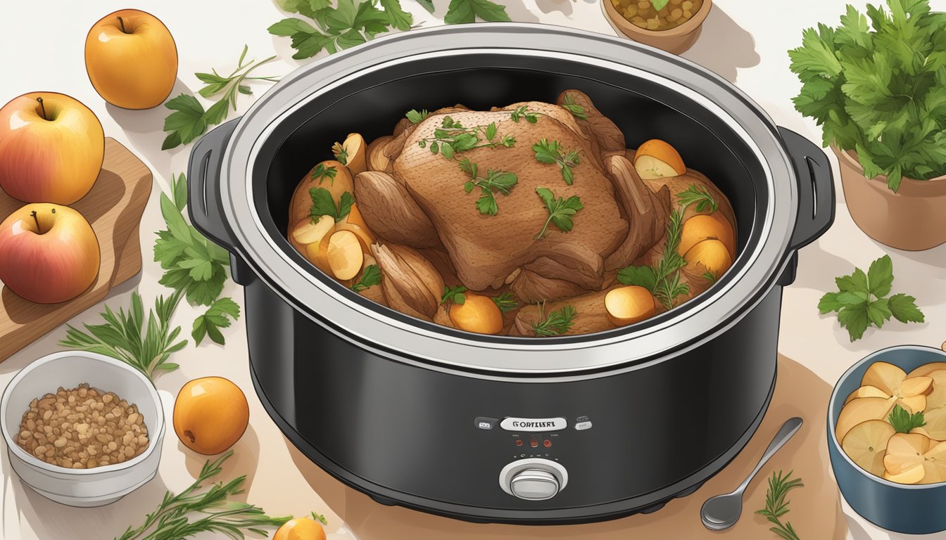 A slow cooker filled with spiced apple pork roast surrounded by fresh ingredients and herbs