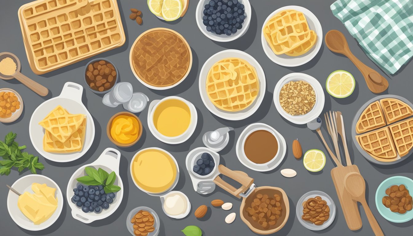 A kitchen counter with a variety of ingredients and kitchen utensils laid out for making diabetes-friendly waffle recipes