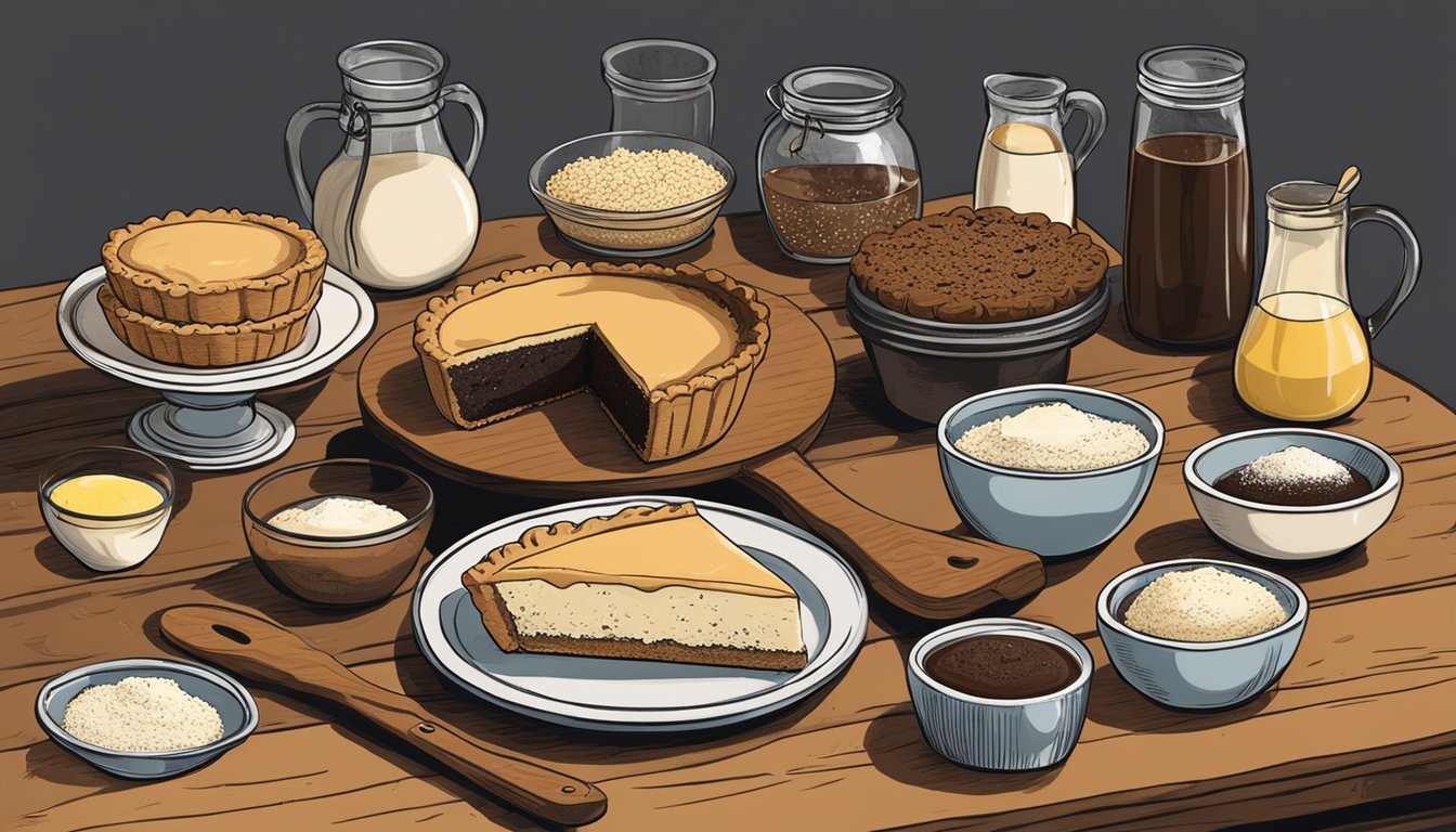 A rustic kitchen table with a freshly baked shoofly pie surrounded by various ingredients like molasses, flour, and vegan butter