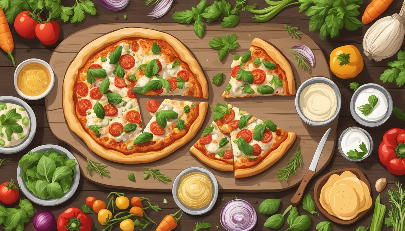 A rustic wooden table with a freshly baked chicken parmesan ranch pizza surrounded by colorful vegetables and herbs