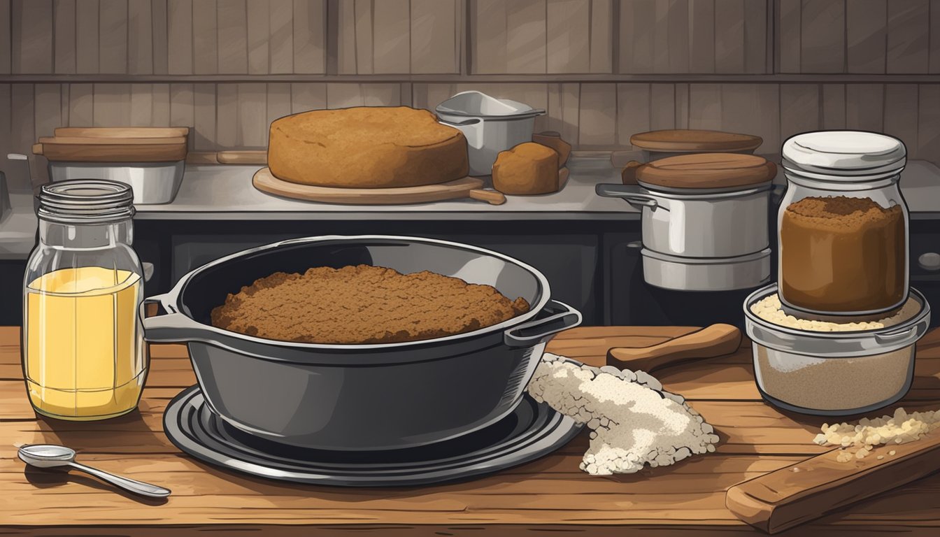 A vegan shoofly pie being prepared with molasses, flour, and vegan butter in a rustic kitchen setting